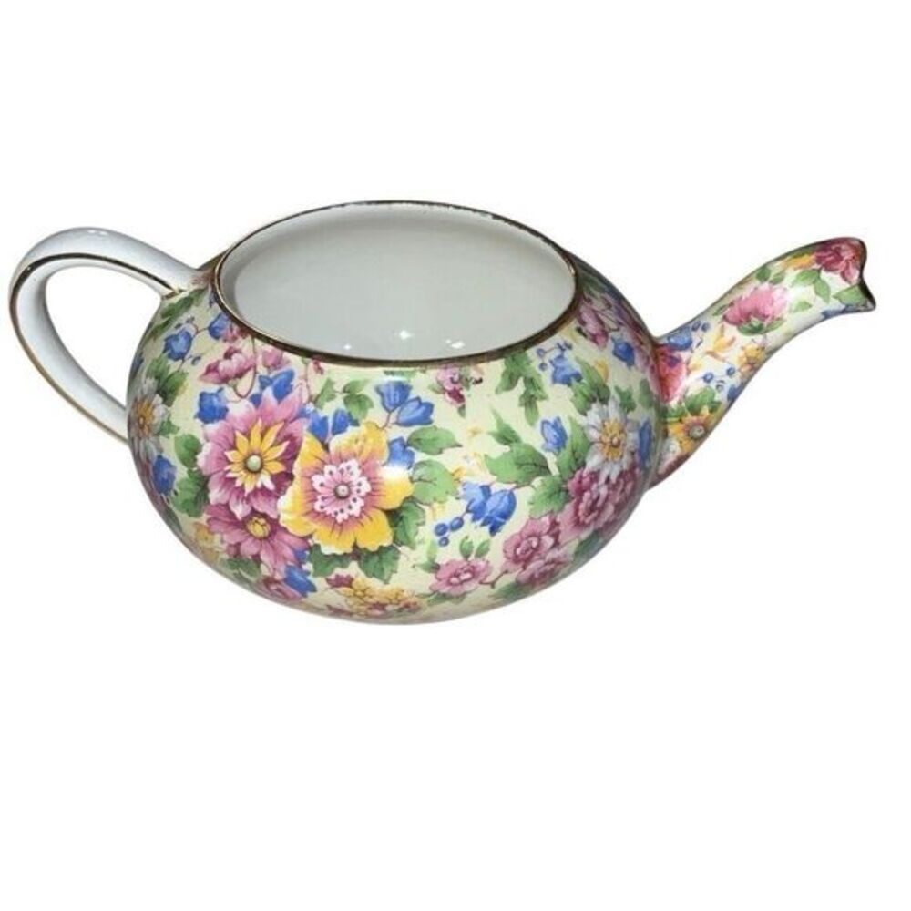 Vtg Royal Winton Floral Porcelain Teapot Teacup Style Cream Pink Blue Gold Trim